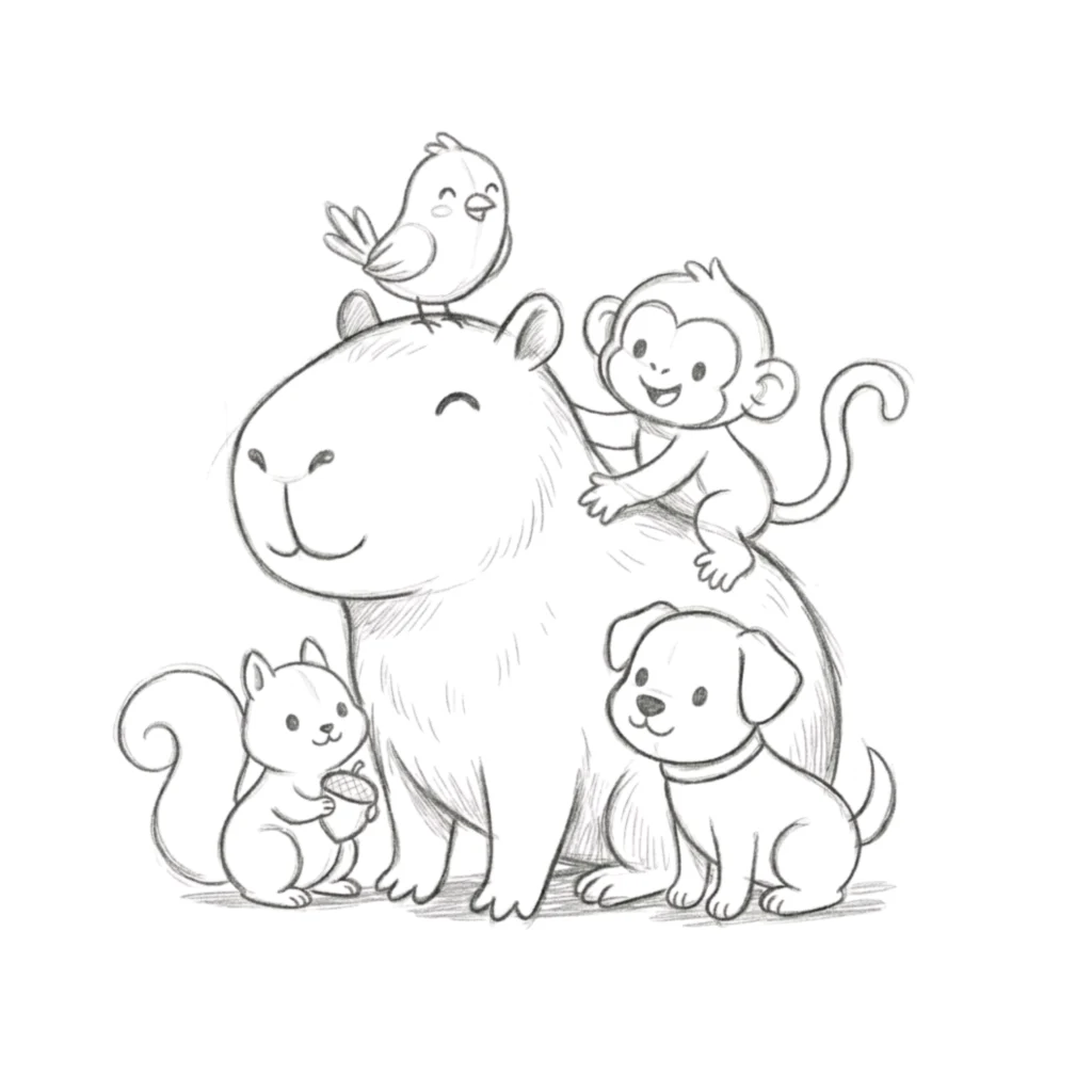 Capybara with Friends Drawing