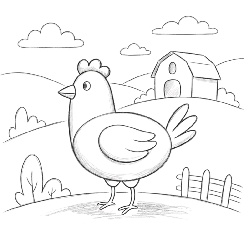 Chicken in Farm Drawing
