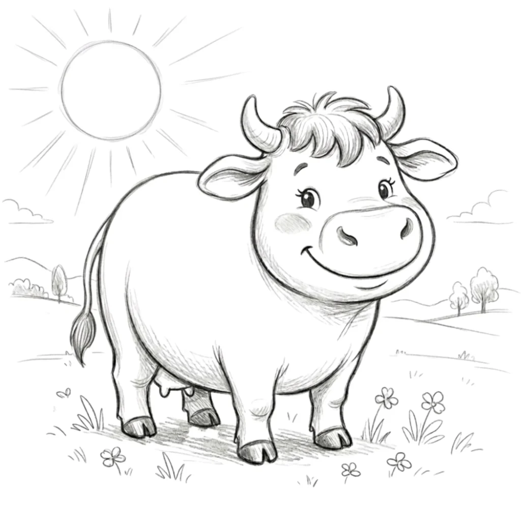 Cow in a Sunny Farm Scene