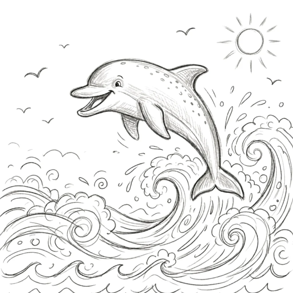 Dolphin with Waves Drawing