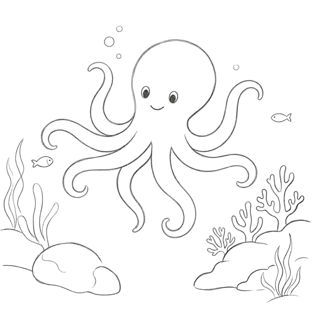 Octopus in Coral Reef Drawing