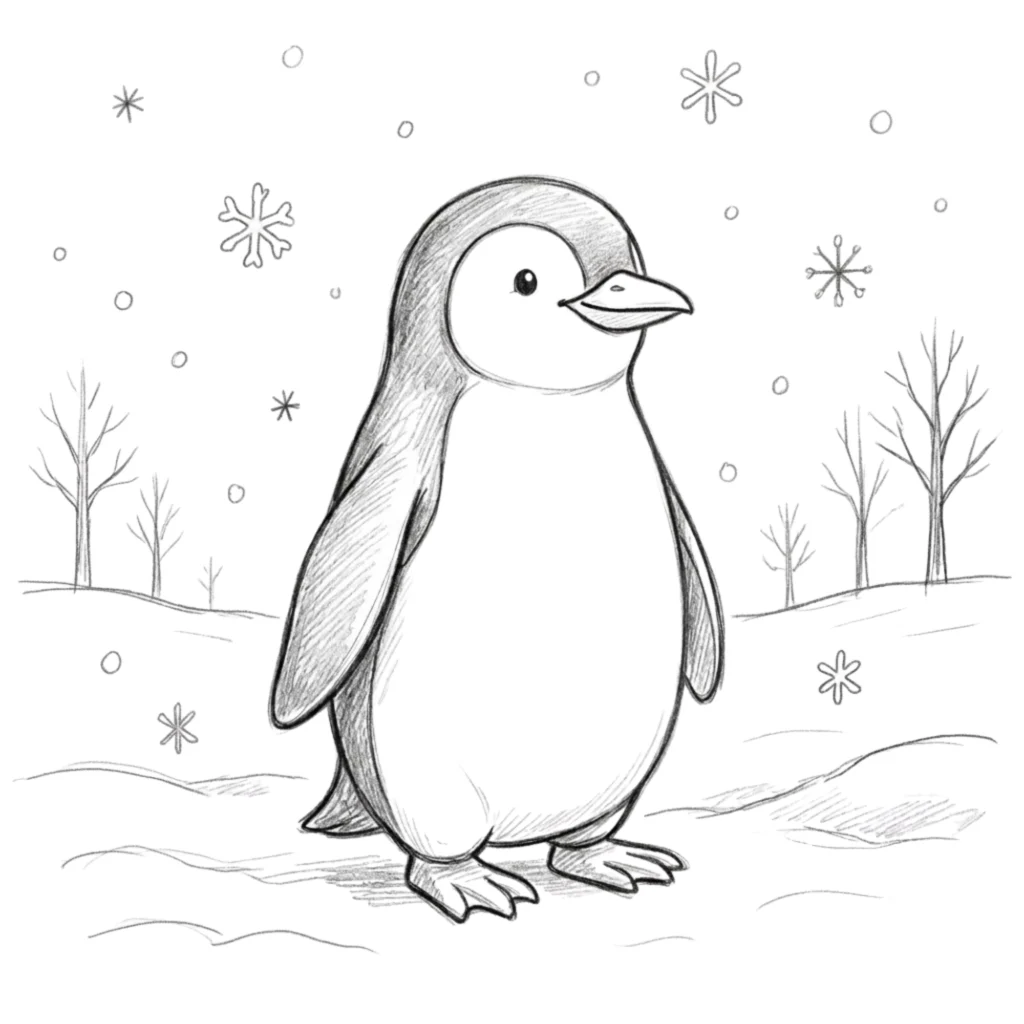 Penguin in Snow Drawing