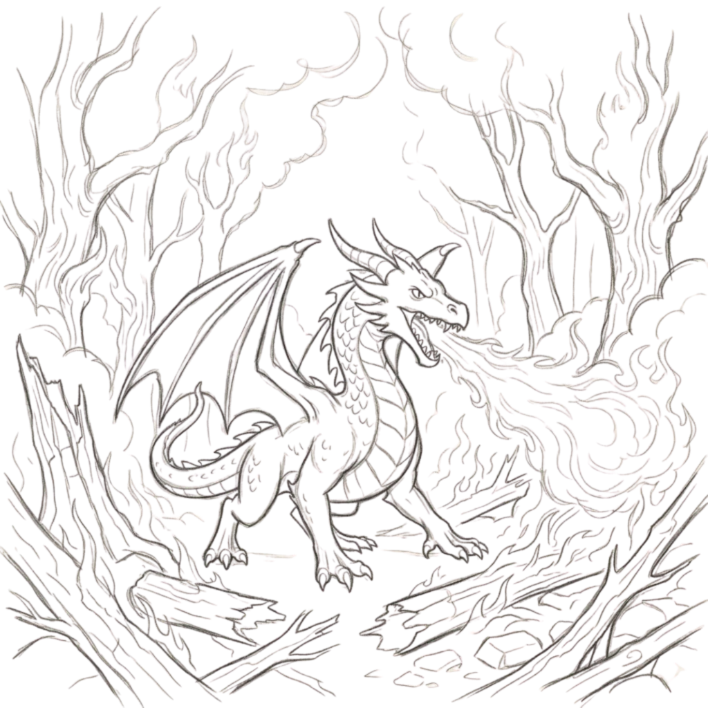 Dragon Attacking Forest Drawing