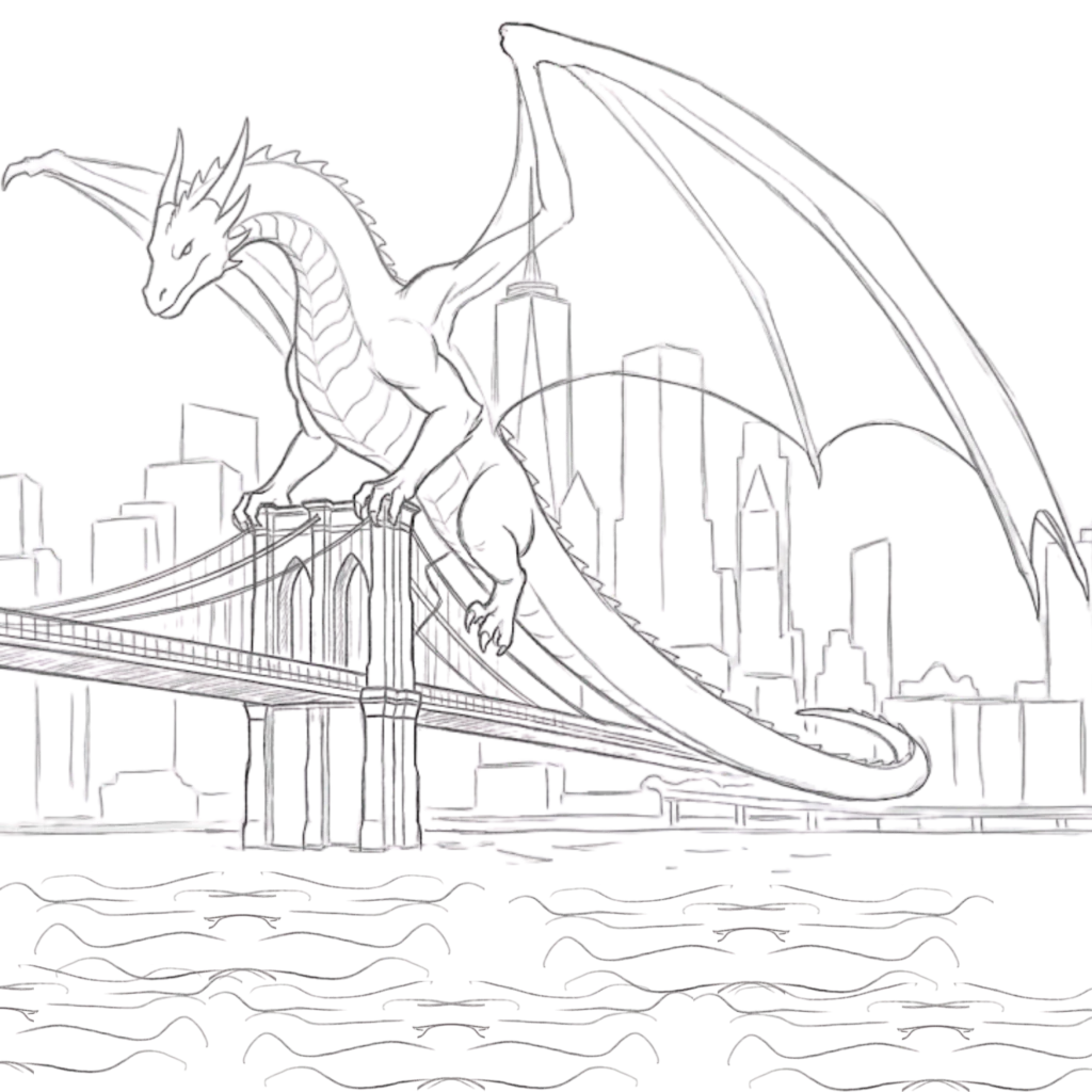 Dragon Guarding Bridge Drawing