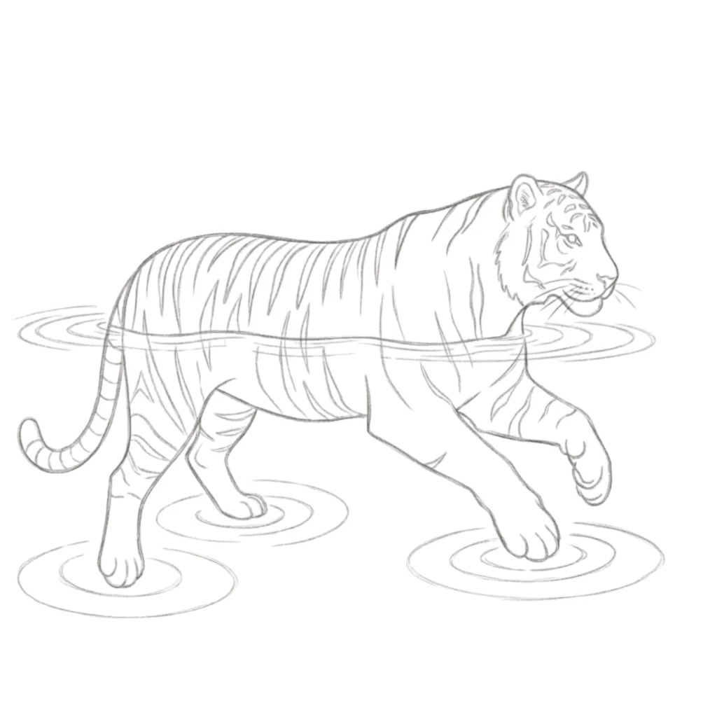 Tiger in Water Drawing