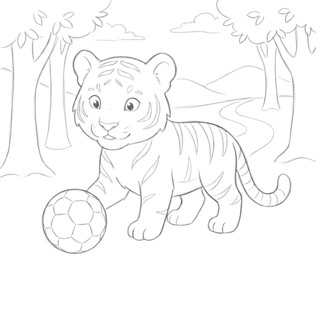 Tiger Playing in Forest Drawing