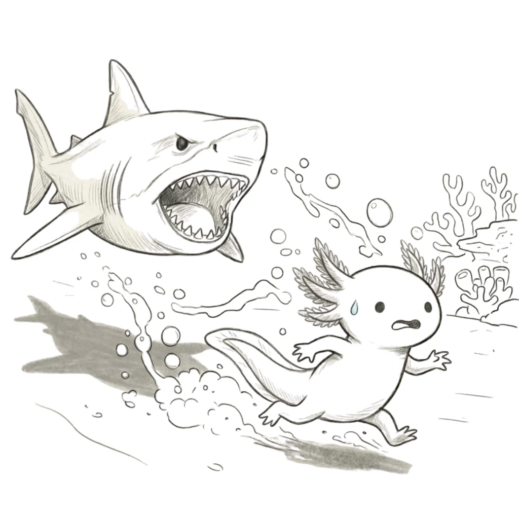 Axolotl Running from Shark Drawing
