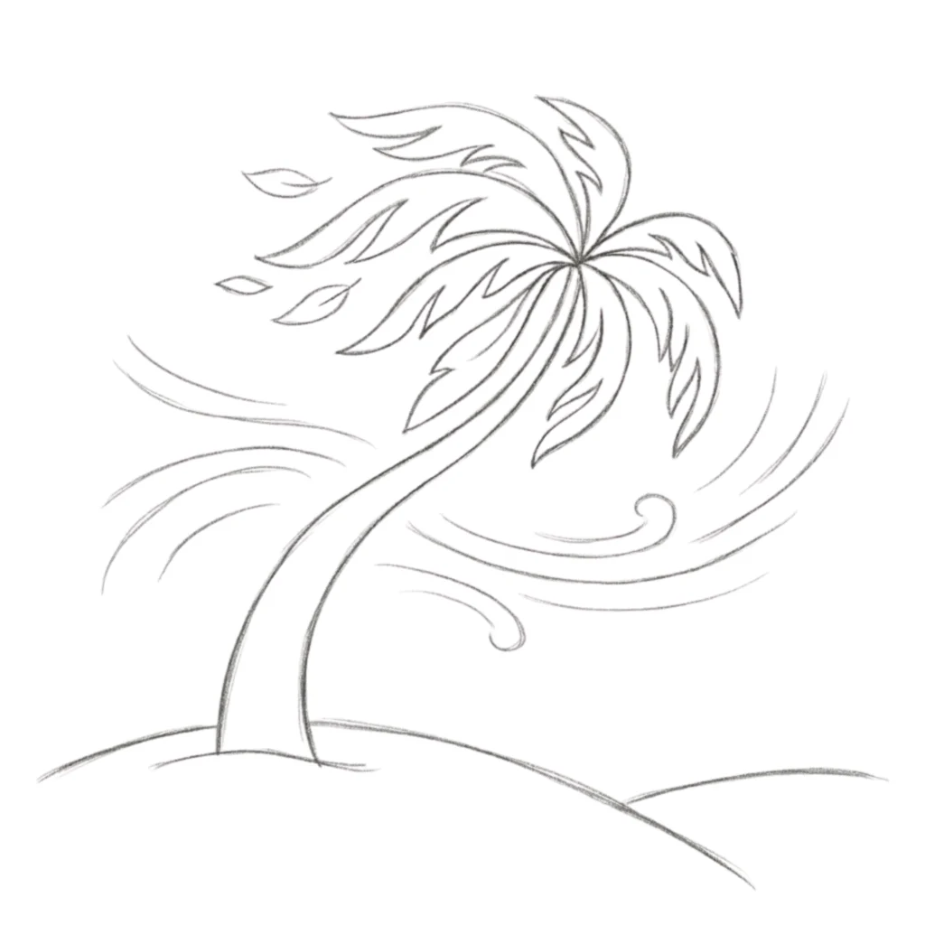 Curved Palm Tree in Wind Drawing