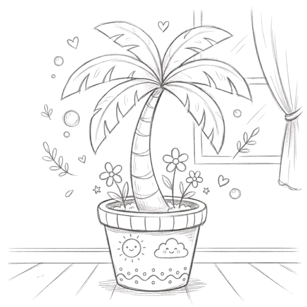 Cute Simple Palm Tree Pot Drawing