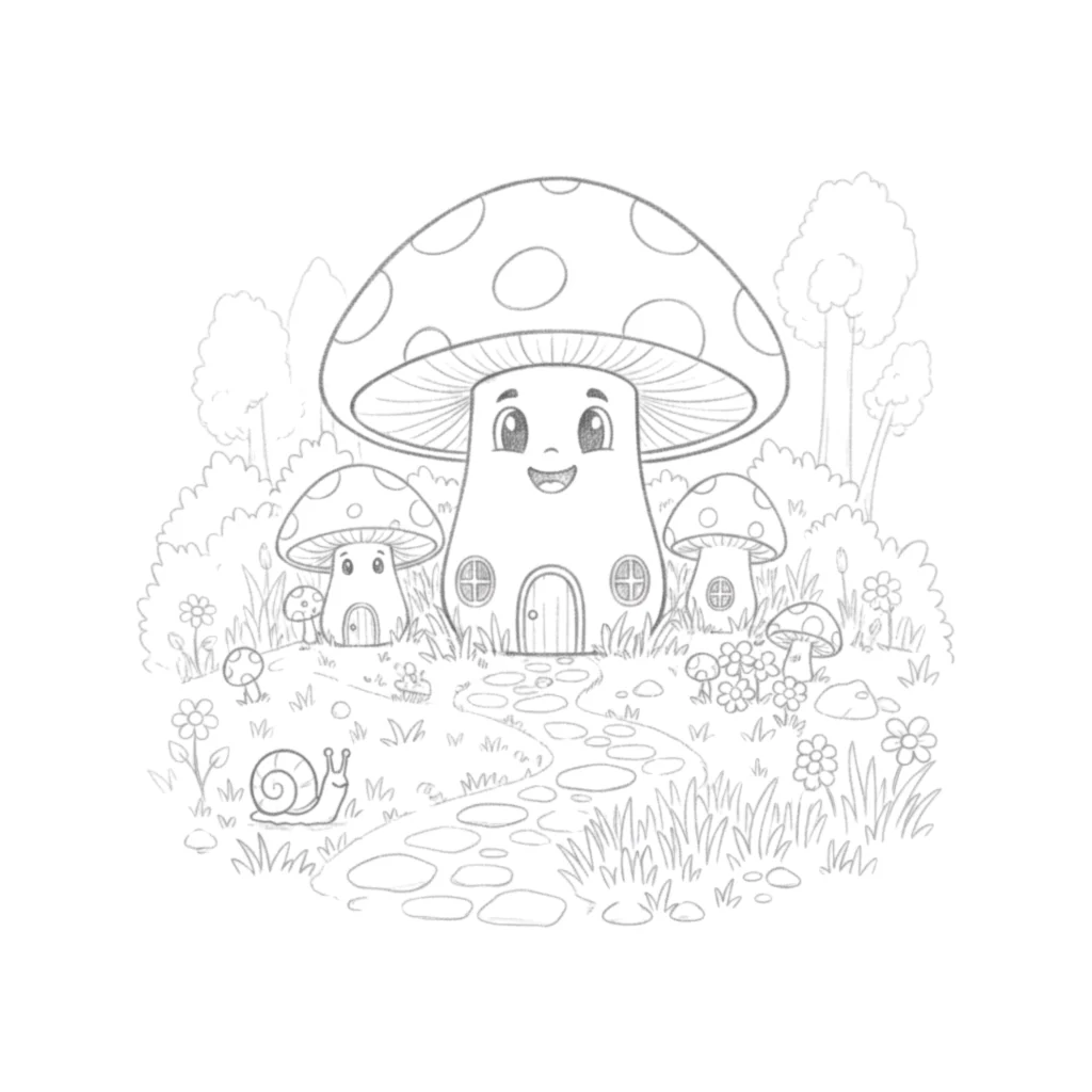 Fantasy Mushroom Village Drawing