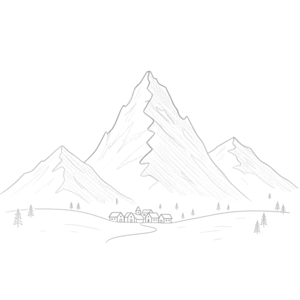 Mountain with Small Village Drawing