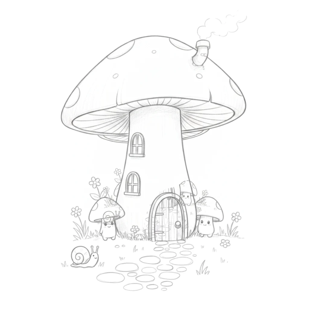 Mushroom with Tiny Door Drawing