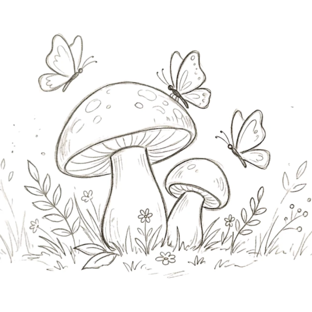 Mushroom with Butterflies Drawing