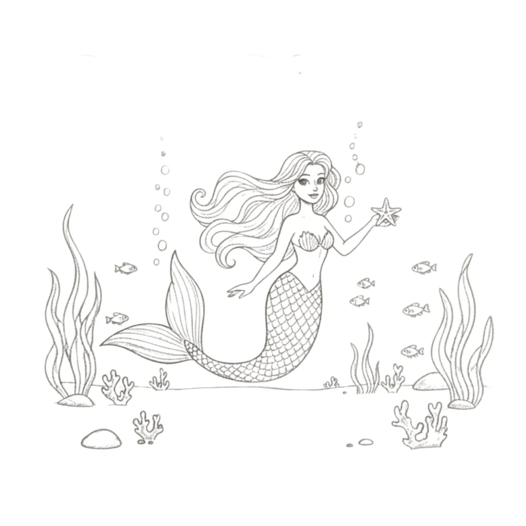 Ocean With Mermaid Drawing