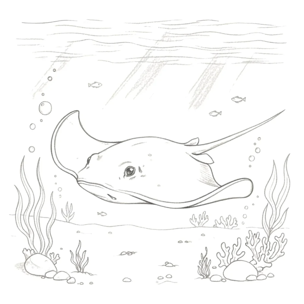 Ocean With Stingray Fish Drawing