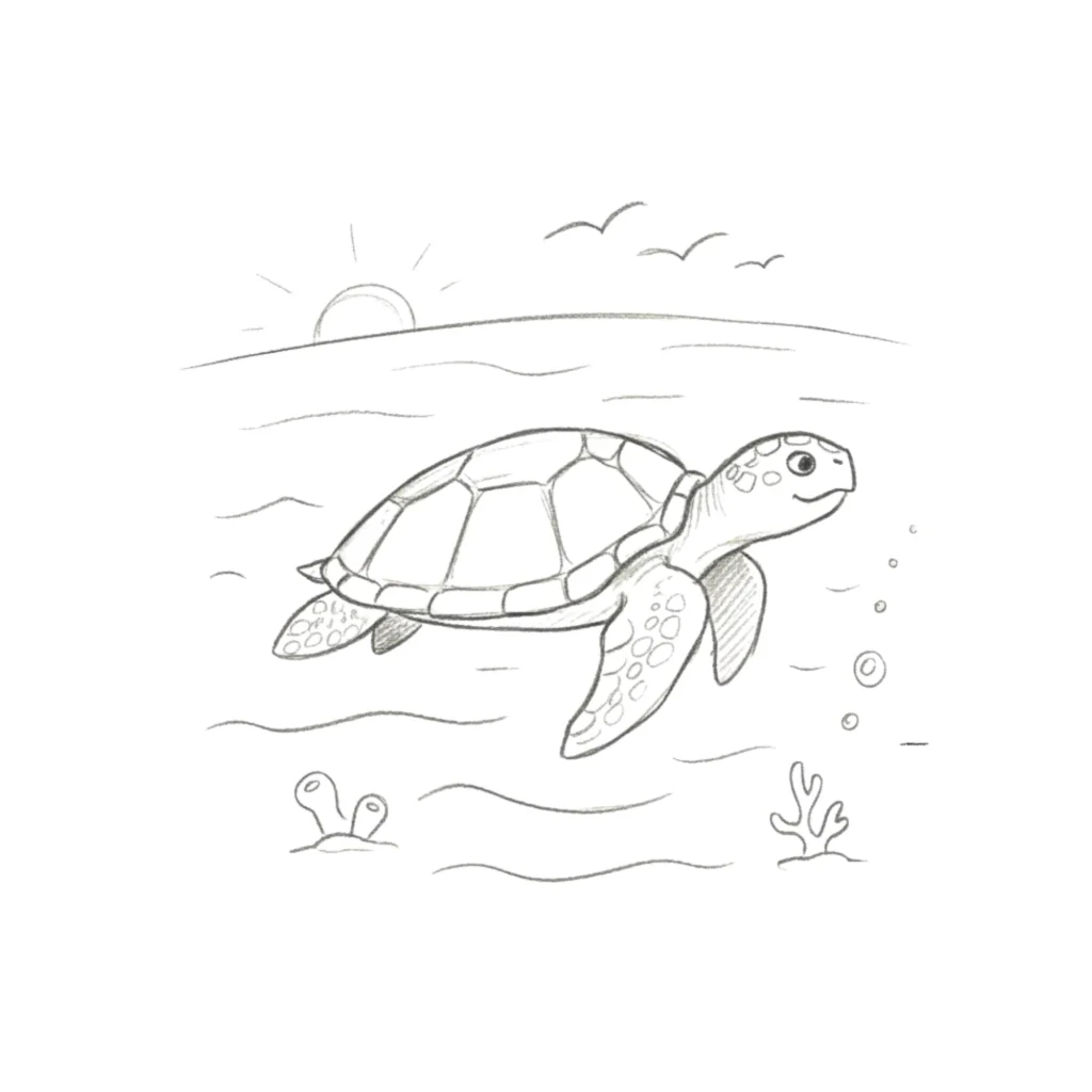 Ocean With Turtle Drawing