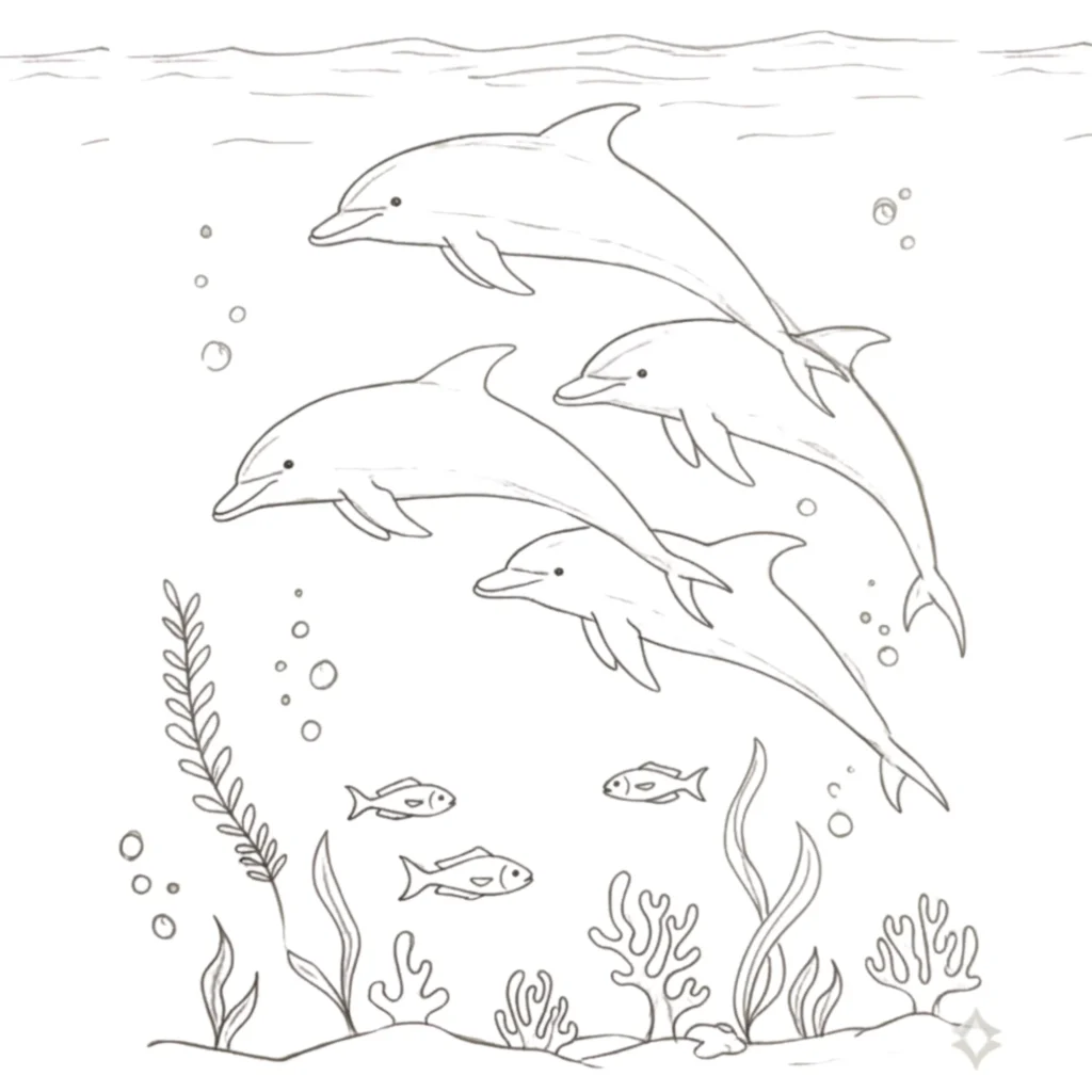 Ocean With Dolphins Drawing