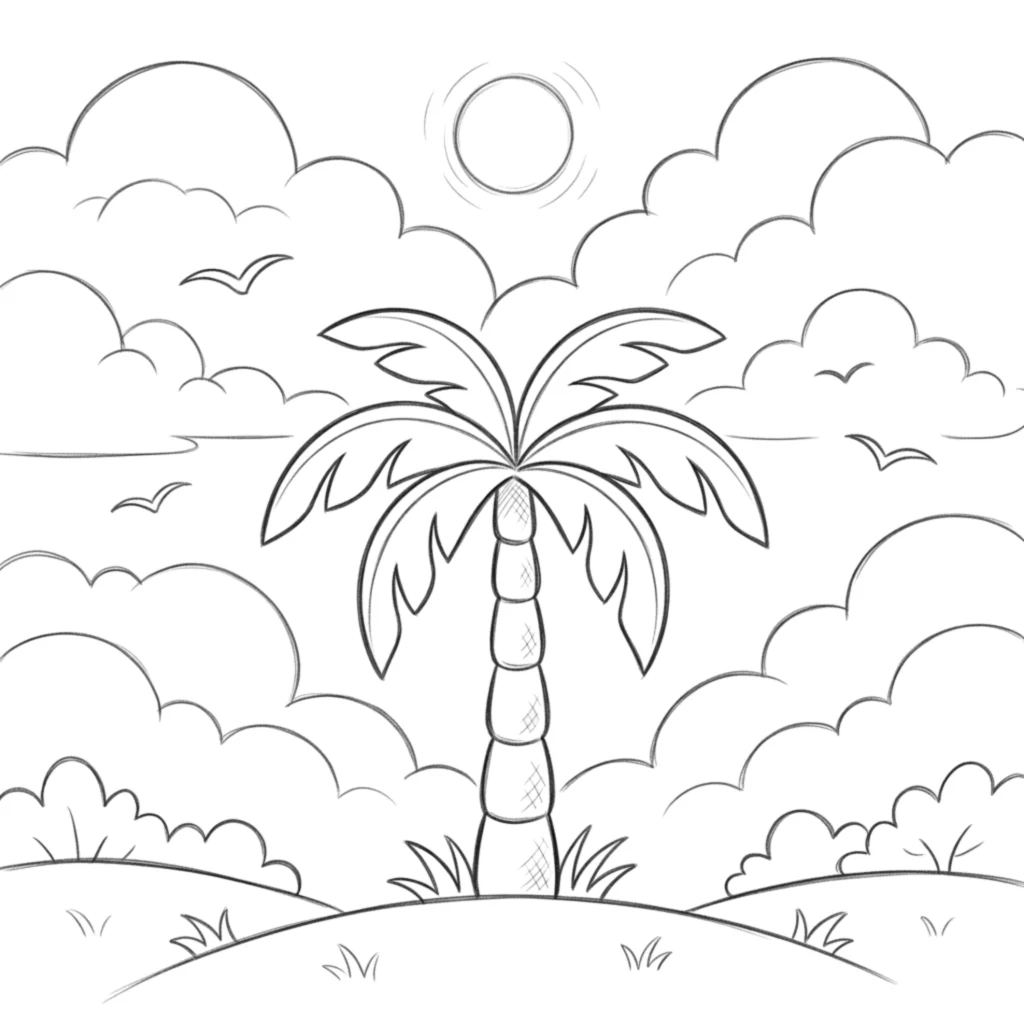 Palm Tree with Clouds Background Drawing