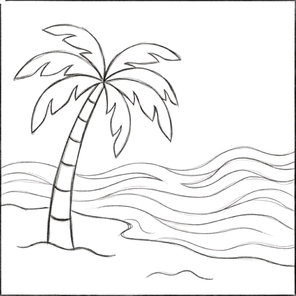 Palm Tree with Ocean Waves Drawing