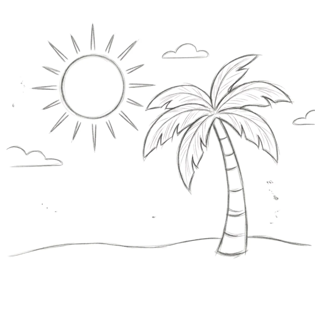 Palm Tree with Sun in Sky Drawing