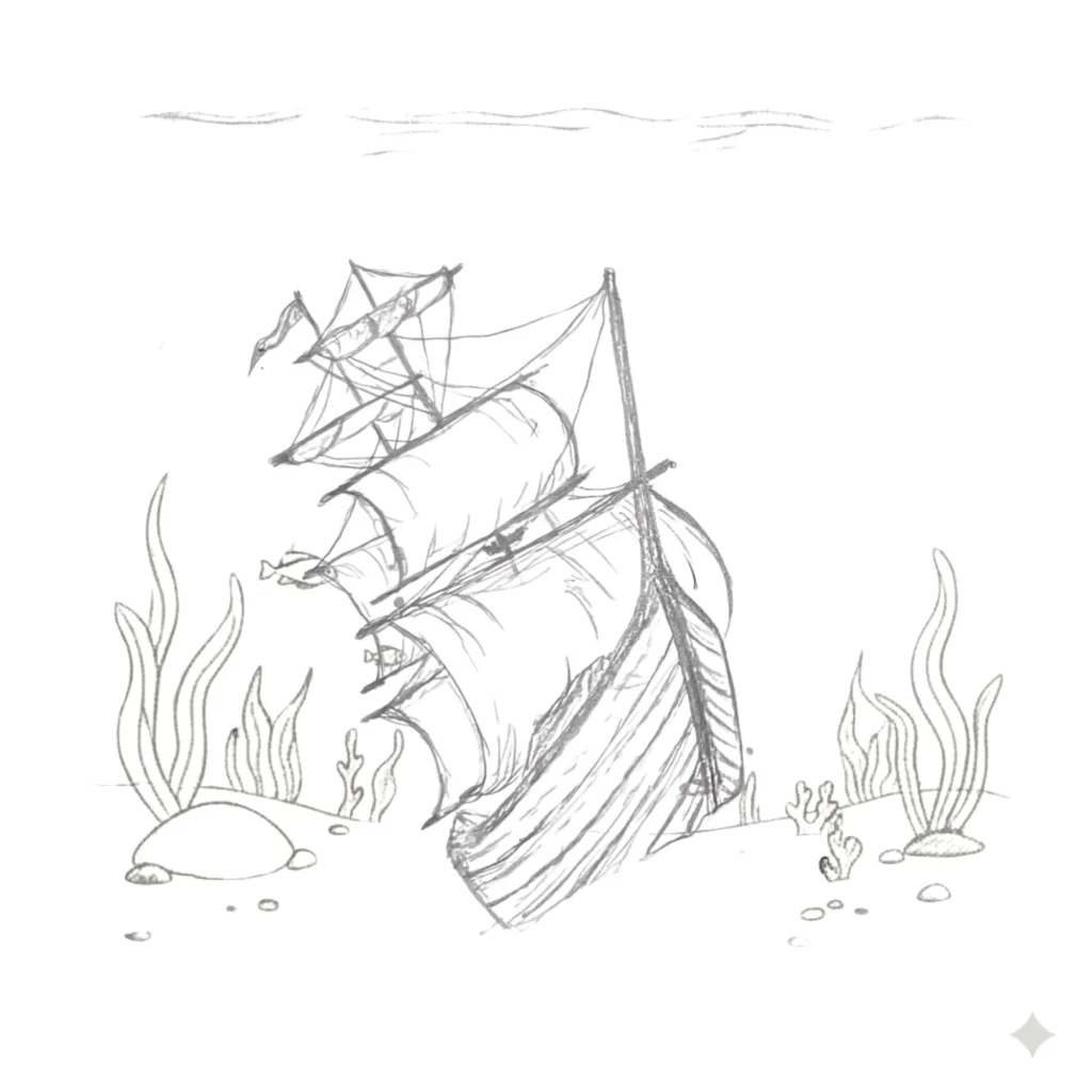 Sinking Boat in the Ocean Drawing