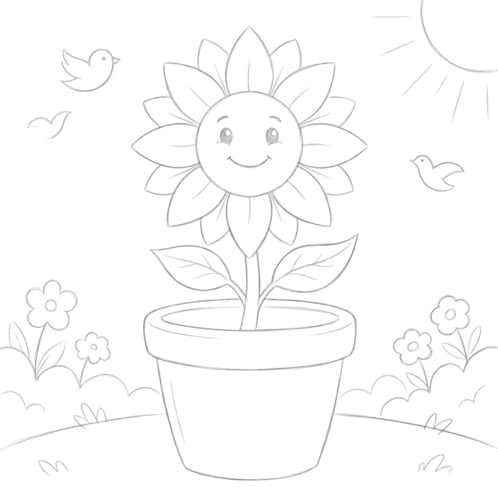 Sunflower Pot Drawing