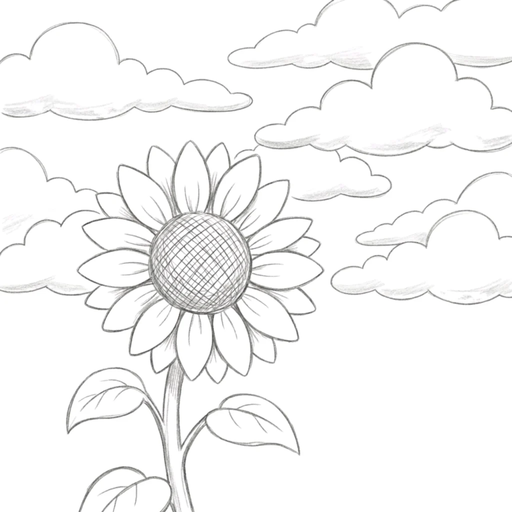 Sunflower with Cloud Sky Drawing