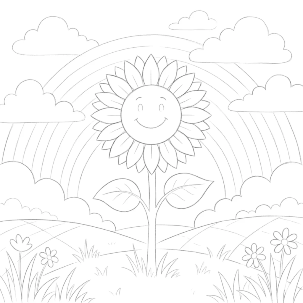 Sunflower with Rainbow Background Drawing