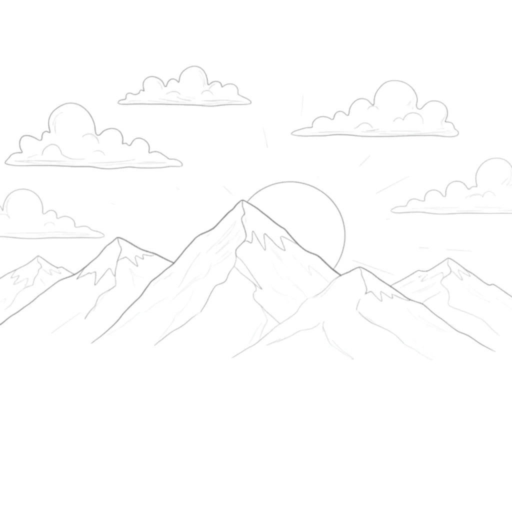 Sunset Mountain Landscape Drawing