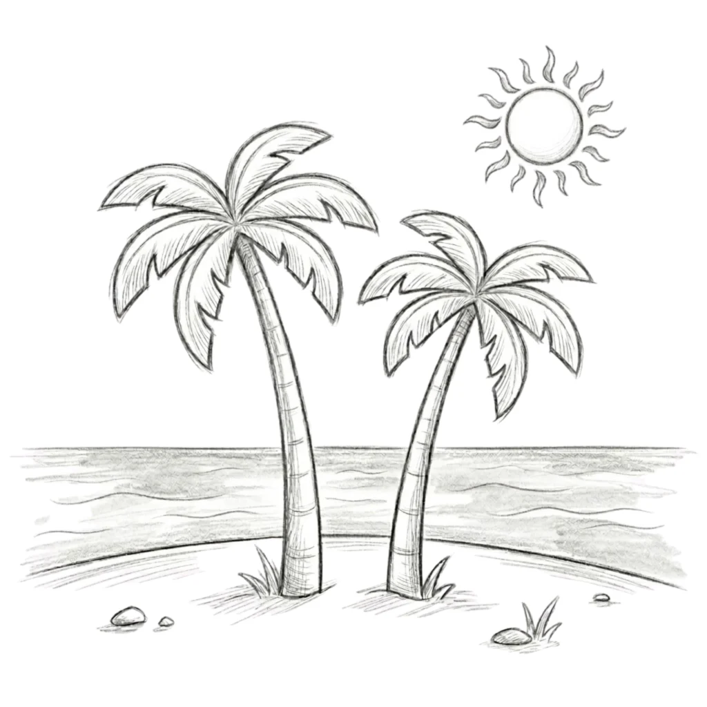 Two Palm Trees on Beach Drawing